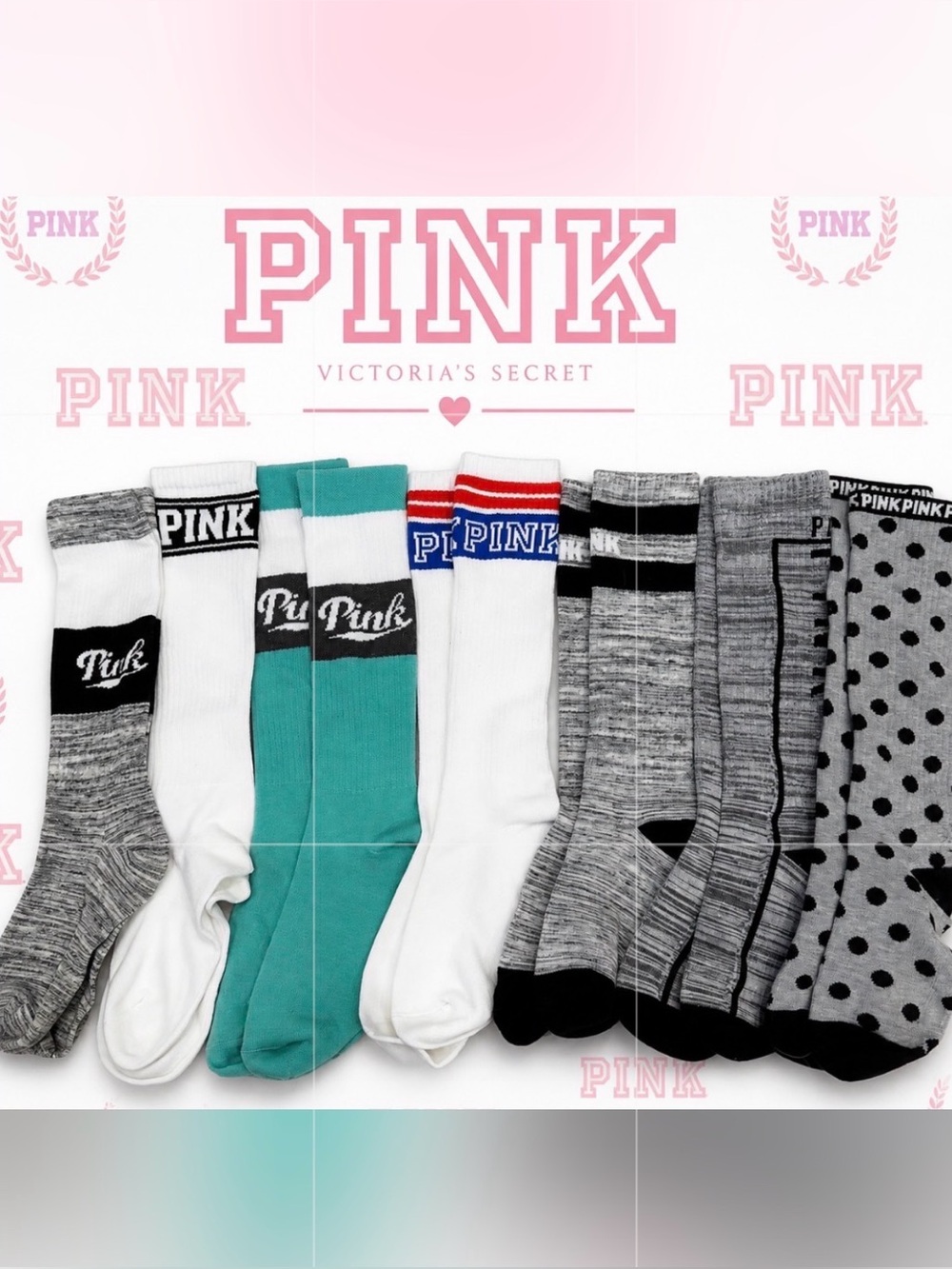 PINK Victoria's Secret Assorted Crew Socks in White, Teal, Gray & Black Like New